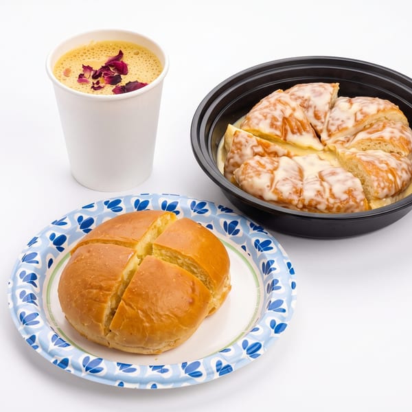 A white cup of rose-topped latte, a black bowl of glazed cinnamon rolls, and a sliced bun.