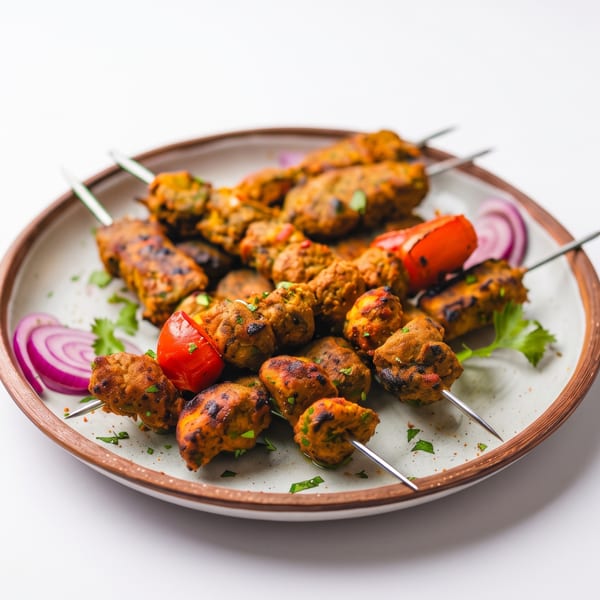 Chicken tikka skewers with red bell peppers and onions on a white plate.