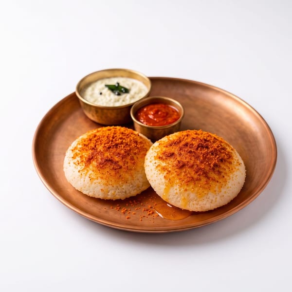 Two idlis topped with red spice powder and ghee, served with chutneys on a copper plate.